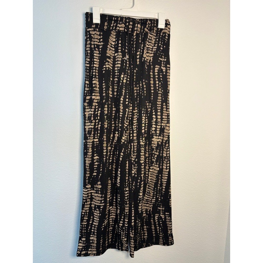 Love Poem Black‎ Tan Tie Dye Wide Leg Pants Drawstring Plisse Ribbed Large